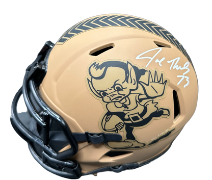 Cleveland Browns Joe Thomas Hand Signed Autographed Salute To Service “STS” Brownie The Elf Logo Mini Helmet with JSA COA