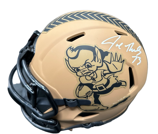 Cleveland Browns Joe Thomas Hand Signed Autographed Salute To Service “STS” Brownie The Elf Logo Mini Helmet with JSA COA