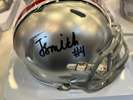 The Ohio State University Buckeyes Jeremiah Smith Hand Signed Autographed Silver Mini Helmet Signed in Black includes COA