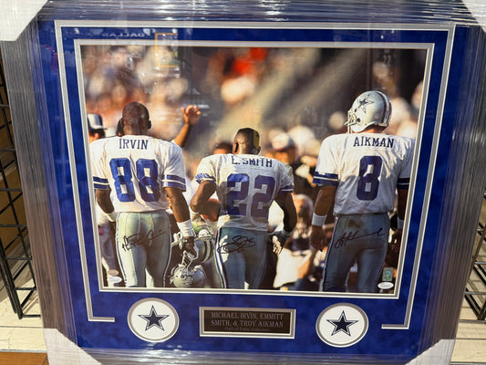 Dallas Cowboys Michael Irvin Emmitt Smith Troy Aikman Signed Autographed 16x20 Photo Custom Framed JSA COA