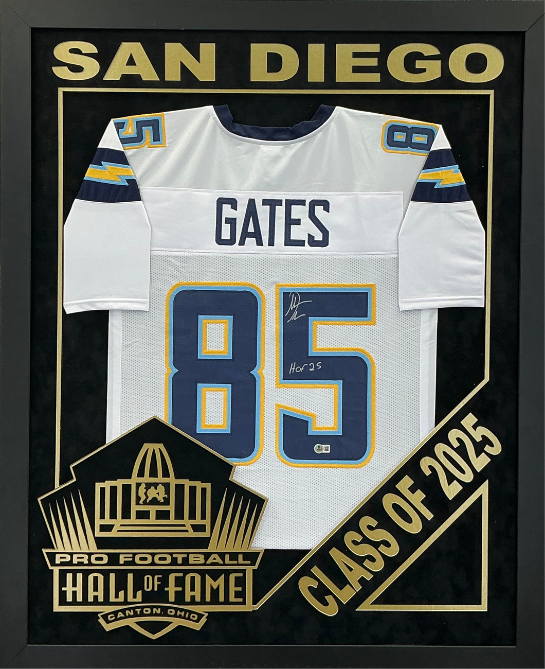 Antonio Gates - EXCLUSIVE PRO FOOTBALL HALL OF FAME FRAMING XL 3D LOGO WITH DOUBLE SUEDE Beckett Coa