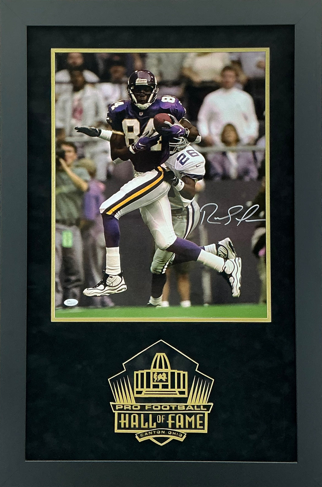 Randy Moss - EXCLUSIVE PRO FOOTBALL HALL OF FAME PHOTO FRAMING 3D LOGO WITH DOUBLE SUEDE JSA COA