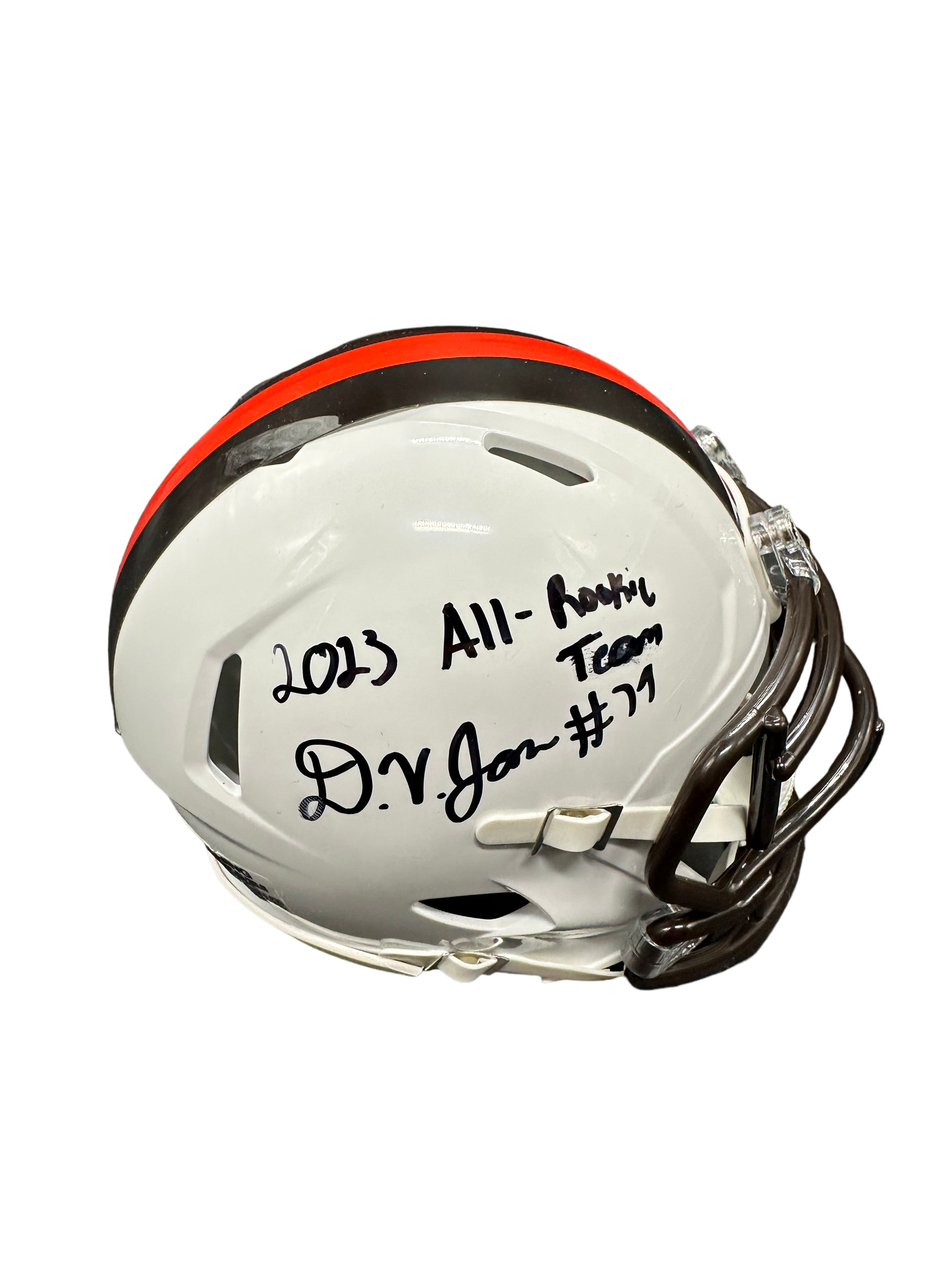 Cleveland Browns Dawand Jones Hand Signed Autographed 2023 White Alternate Mini Helmet with “All Rookie Team” Inscription with JSA COA