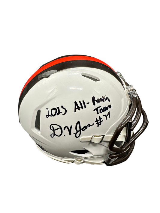 Cleveland Browns Dawand Jones Hand Signed Autographed 2023 White Alternate Mini Helmet with “All Rookie Team” Inscription with JSA COA