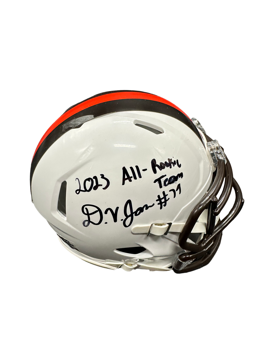 Cleveland Browns Dawand Jones Hand Signed Autographed 2023 White Alternate Mini Helmet with “All Rookie Team” Inscription JSA COA