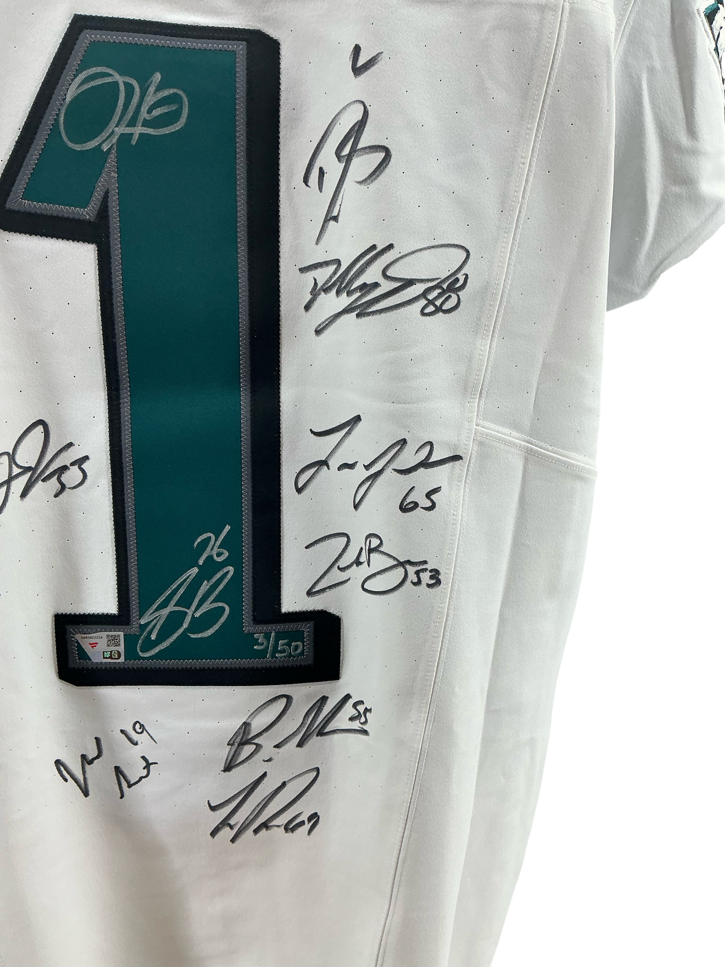 Eagles Super Bowl LIX Champs Signed Jalen Hurts Elite Jersey w/10 Autos - LE 50