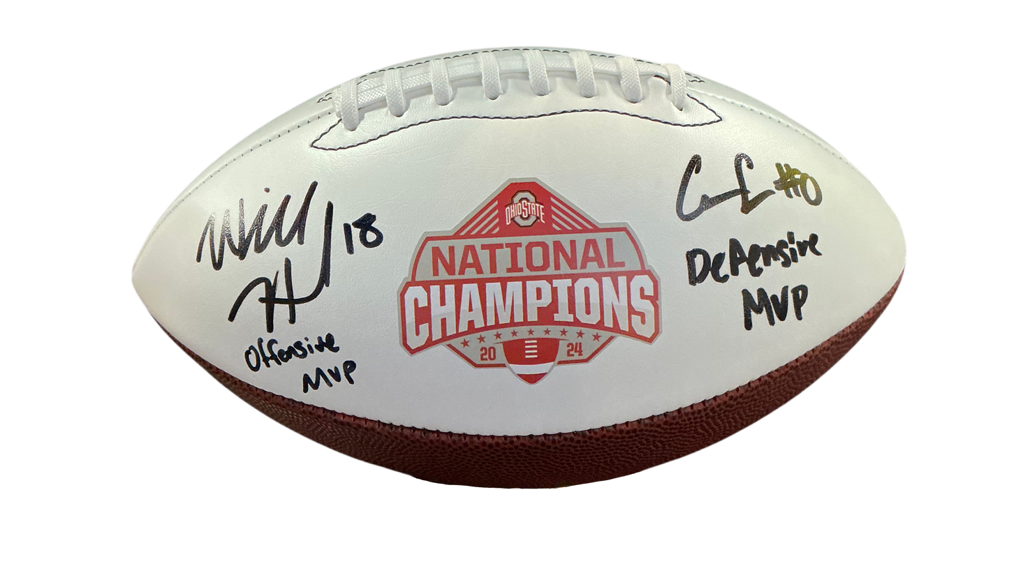 Will Howard, Cody Simon Ohio State Buckeyes Dual Signed National Champs MVP Logo Football PROVA Swau COA