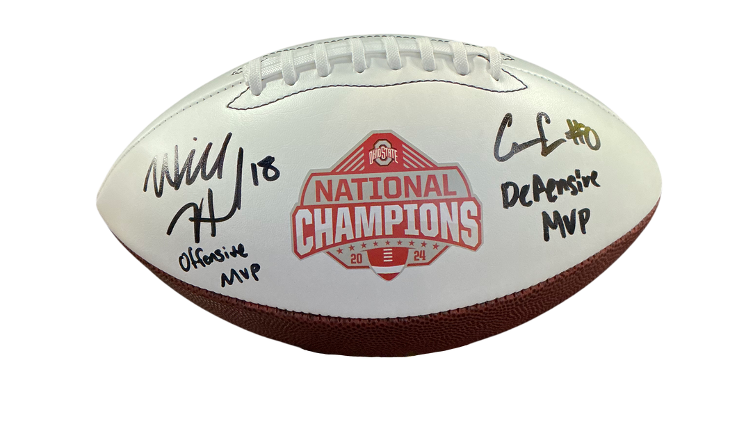 Will Howard, Cody Simon Ohio State Buckeyes Dual Signed National Champs MVP Logo Football PROVA Swau COA