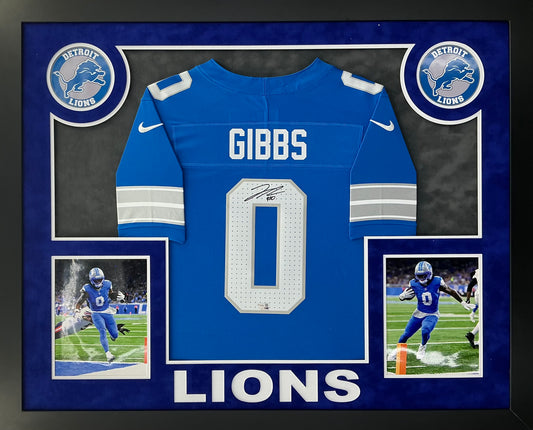 Jahmyr Gibbs Signed Autographed Detroit Lions Authentic Blue Jersey Custom Framed Fanatics COA