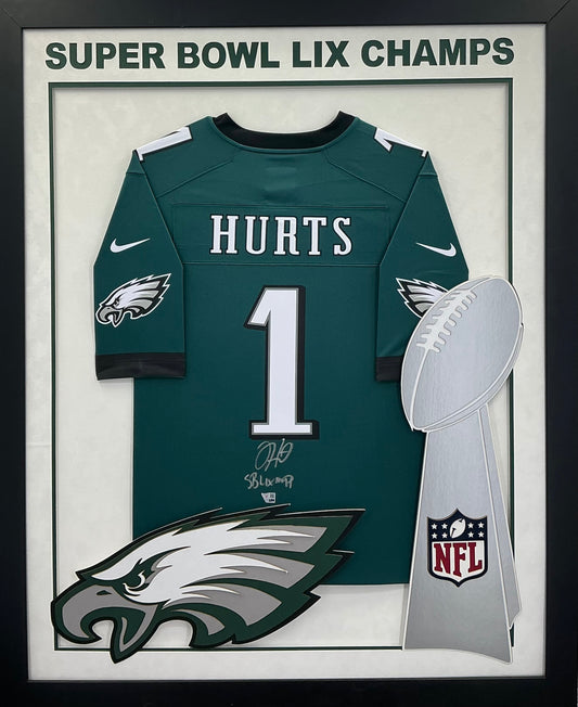 Philadelphia Eagles Jalen Hurts Hand Signed Autographed Authentic Green Jersey / Inscription Framed and Double Suede Matted with XL 3D Logo FANATICS COA