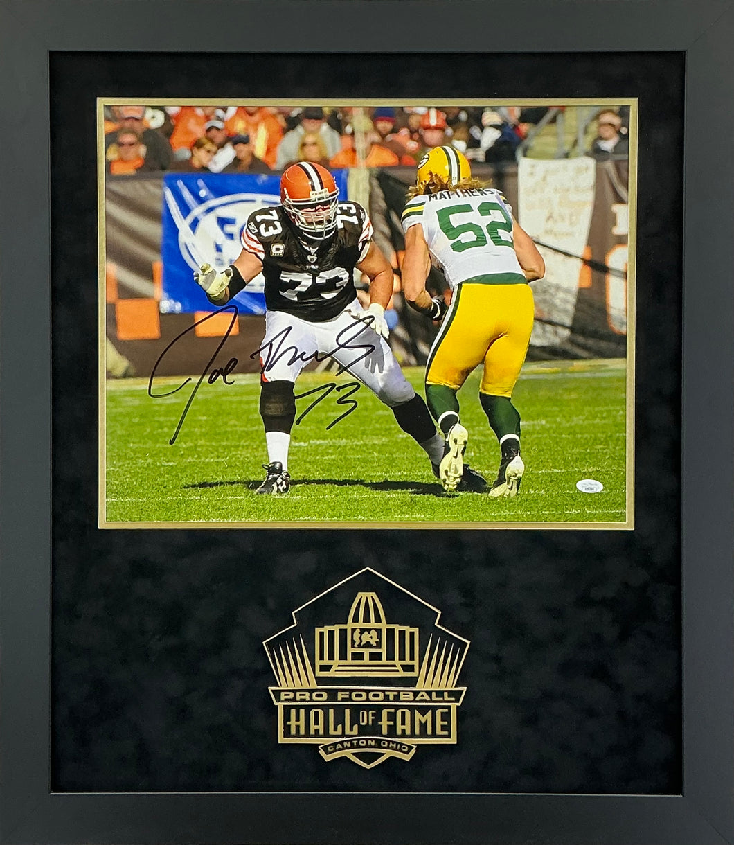 Joe Thomas - EXCLUSIVE PRO FOOTBALL HALL OF FAME PHOTO FRAMING 3D LOGO WITH DOUBLE SUEDE JSA COA