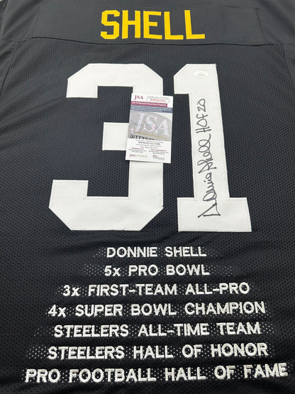 Pittsburgh Steelers Donnie Shell Hand Signed Autographed Custom Stat Jersey HOF 20 Inscription JSA COA