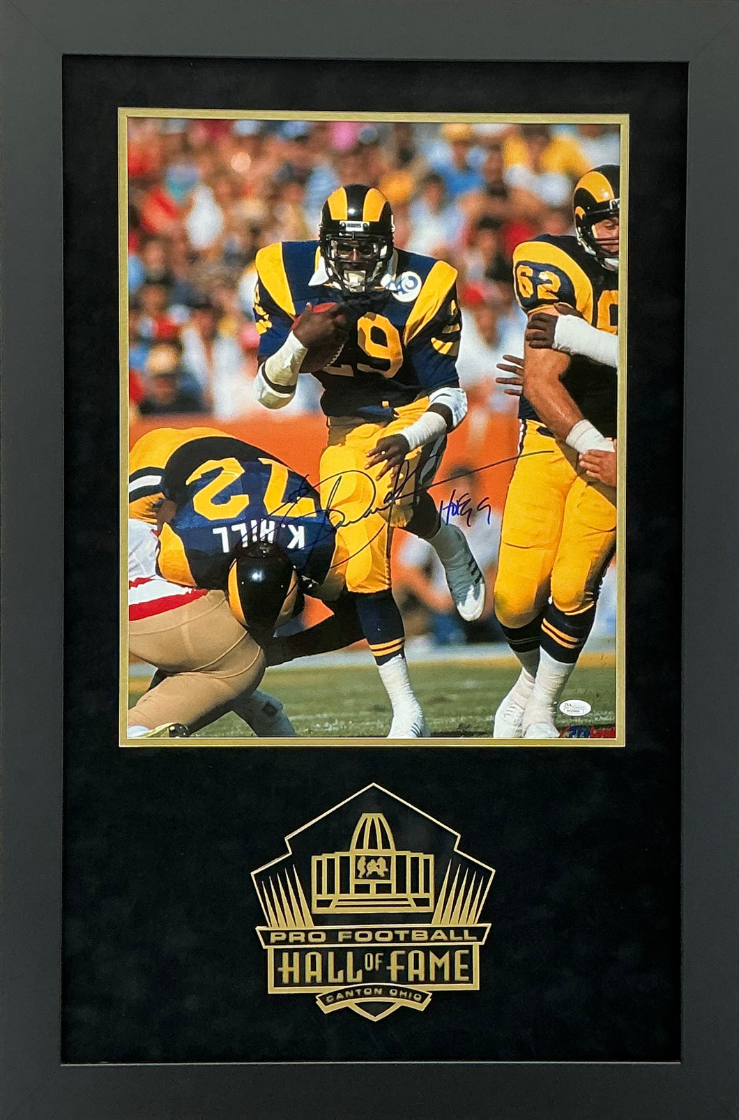 Eric Dickerson - EXCLUSIVE PRO FOOTBALL HALL OF FAME PHOTO FRAMING 3D LOGO WITH DOUBLE SUEDE JSA COA