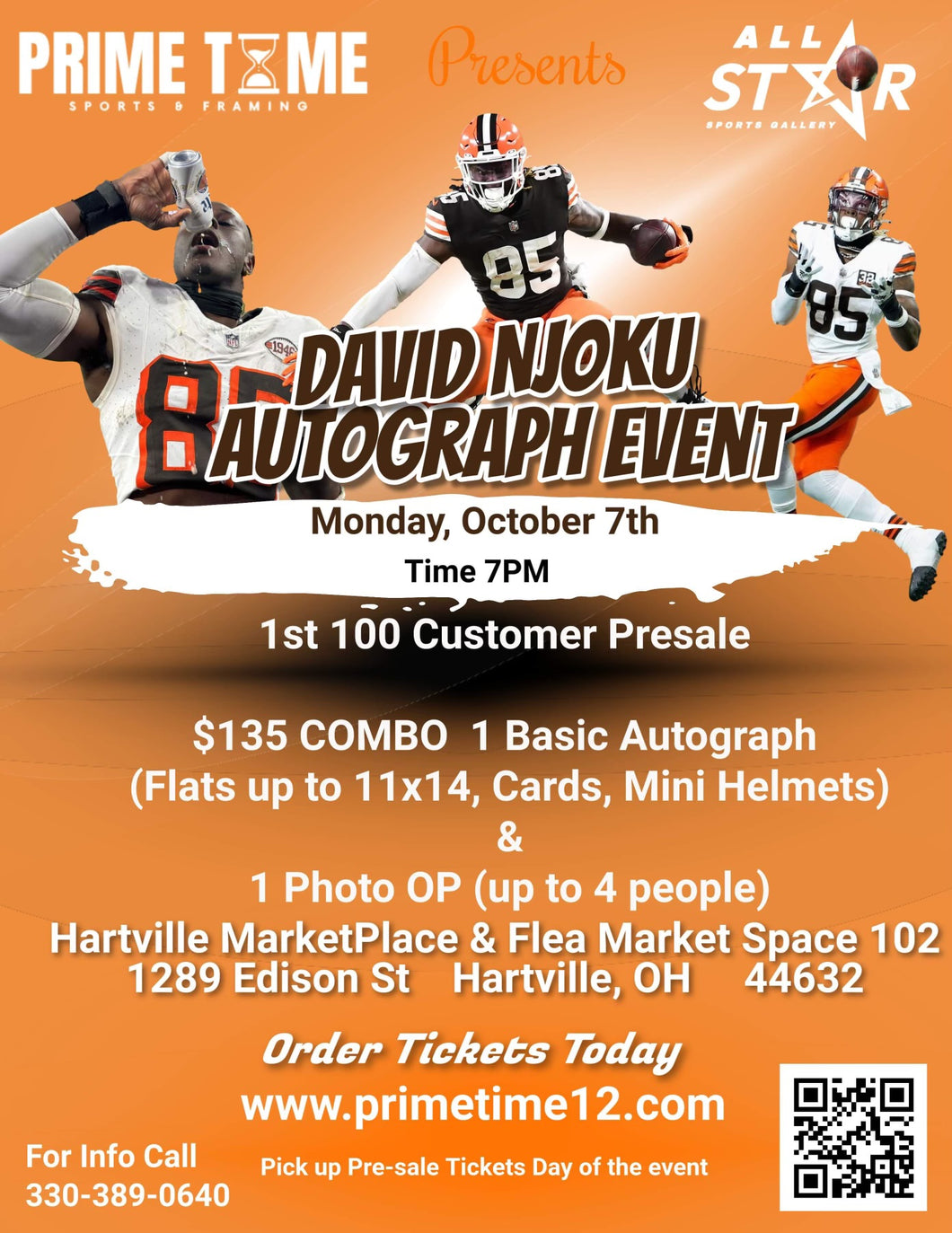 David Njoku Pre-Sale COMBO Ticket for Autograph Signing on 1 Card, Photo up to 11x14, or Mini Helmet and 1 Regular Photo Op