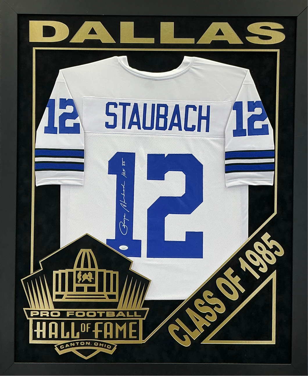 Roger Staubach - EXCLUSIVE PRO FOOTBALL HALL OF FAME FRAMING XL 3D LOGO WITH DOUBLE SUEDE JSA COA