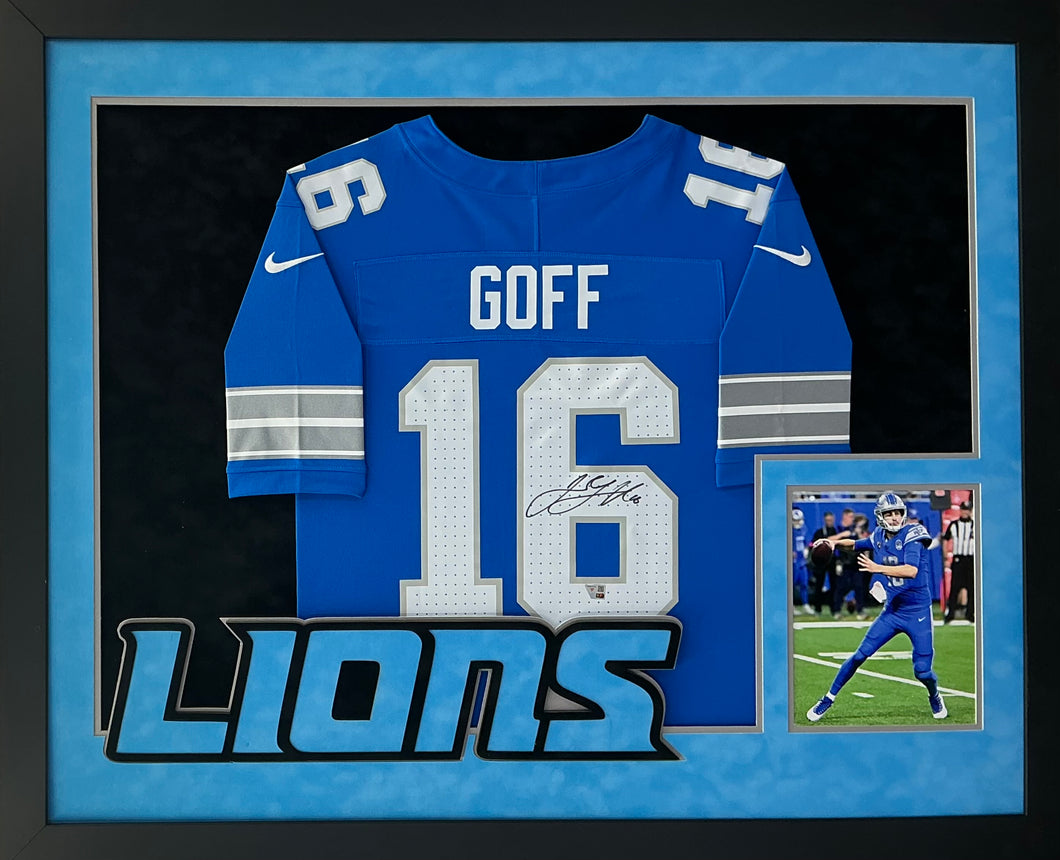 Jared Goff Signed Autographed Lions Nike Authentic Blue Jersey Custom Framed Fanatics COA