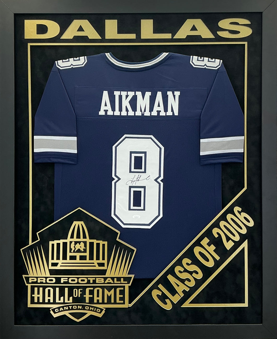 Troy Aikman - EXCLUSIVE PRO FOOTBALL HALL OF FAME FRAMING XL 3D LOGO WITH DOUBLE SUEDE JSA COA