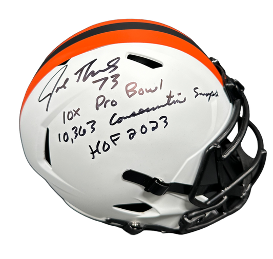 Cleveland Browns Joe Thomas Hand Signed Autographed Full Size Replica Alternate 2023 White Helmet With HOF, Snaps & Pro Bowl Inscription with JSA COA