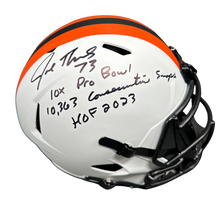 Load image into Gallery viewer, Cleveland Browns Joe Thomas Hand Signed Autographed Full Size Replica Alternate 2023 White Helmet With HOF, Snaps &amp; Pro Bowl Inscription JSA COA