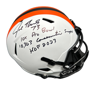 Cleveland Browns Joe Thomas Hand Signed Autographed Full Size Replica Alternate 2023 White Helmet With HOF, Snaps & Pro Bowl Inscription JSA COA