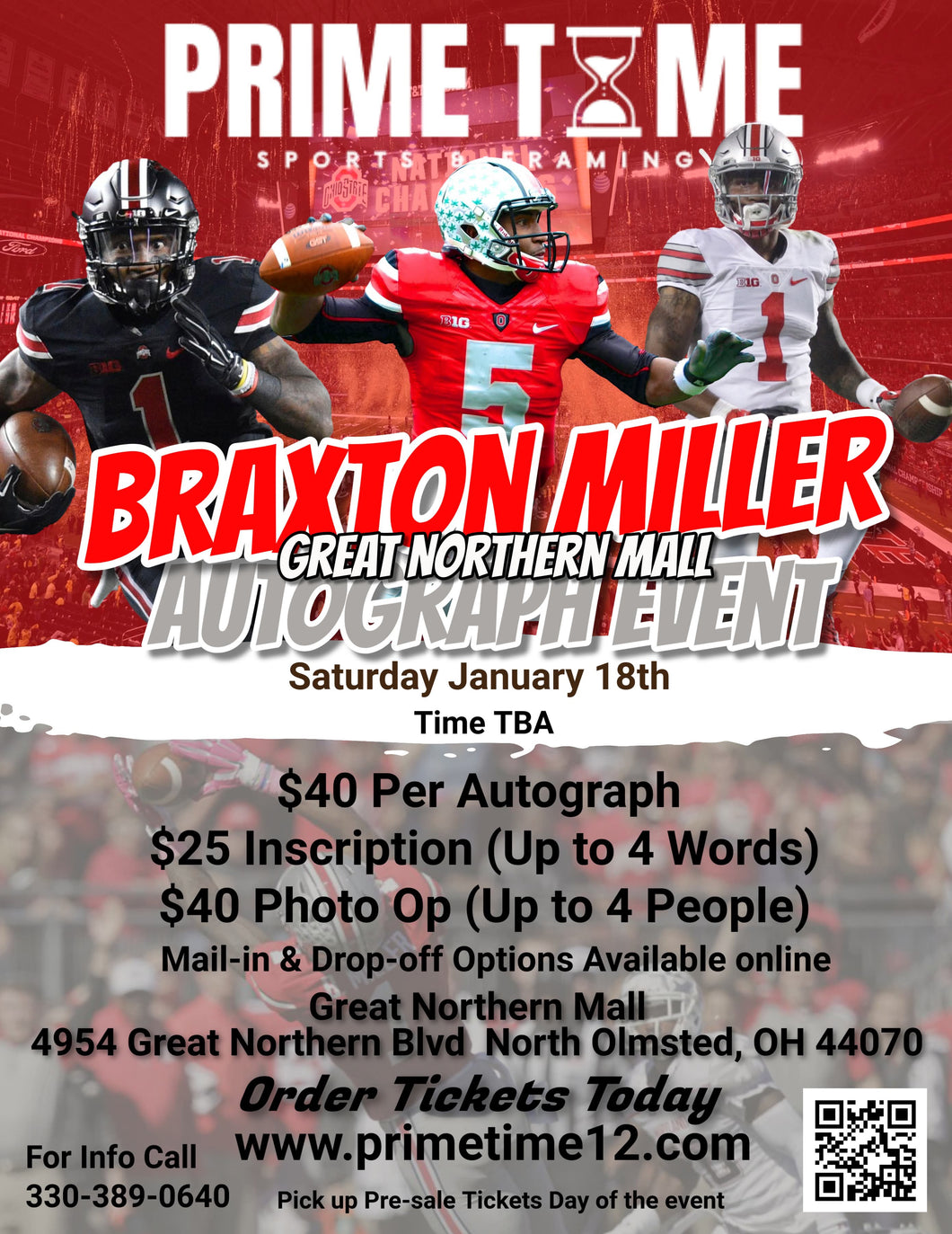 Braxton Miller 1/18/25 at Great Northern Mall Pre-Sale ticket for PHOTO OP to have your photo taken (up to 4 people at once) with the player