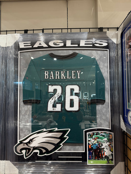 Philadelphia Eagles Saquon Barkley Signed Autographed Custom Jersey Custom Framed BAS COA