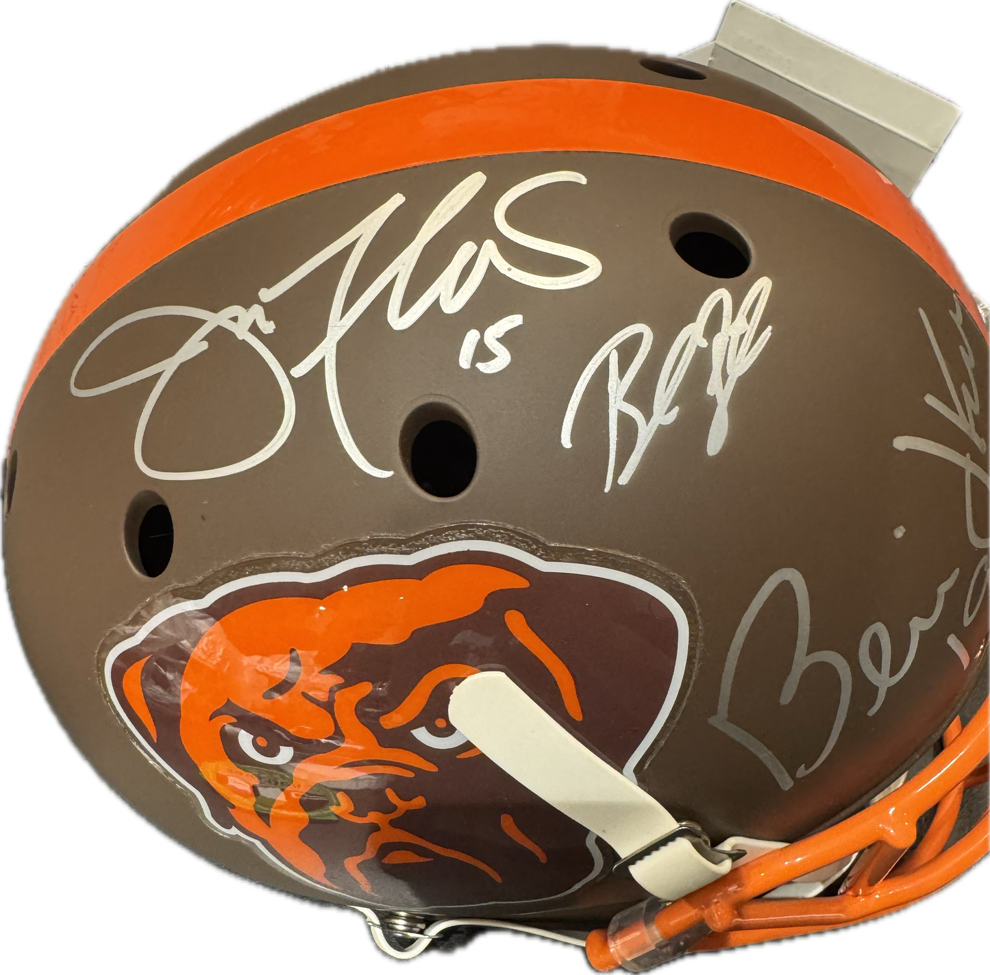 Cleveland Browns Bernie Kosar & Baker Mayfield Dual Hand Signed Autographed Custom Dawg Logo Full Size Authentic Helmet with JSA & BECKETT COA