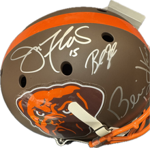 Load image into Gallery viewer, Cleveland Browns Bernie Kosar &amp; Baker Mayfield Dual Hand Signed Autographed Custom Dawg Logo Full Size Authentic Helmet with JSA &amp; BECKETT COA