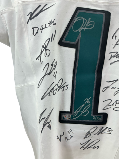 Eagles Super Bowl LIX Champs Signed Jalen Hurts Elite Jersey w/10 Autos - LE 50