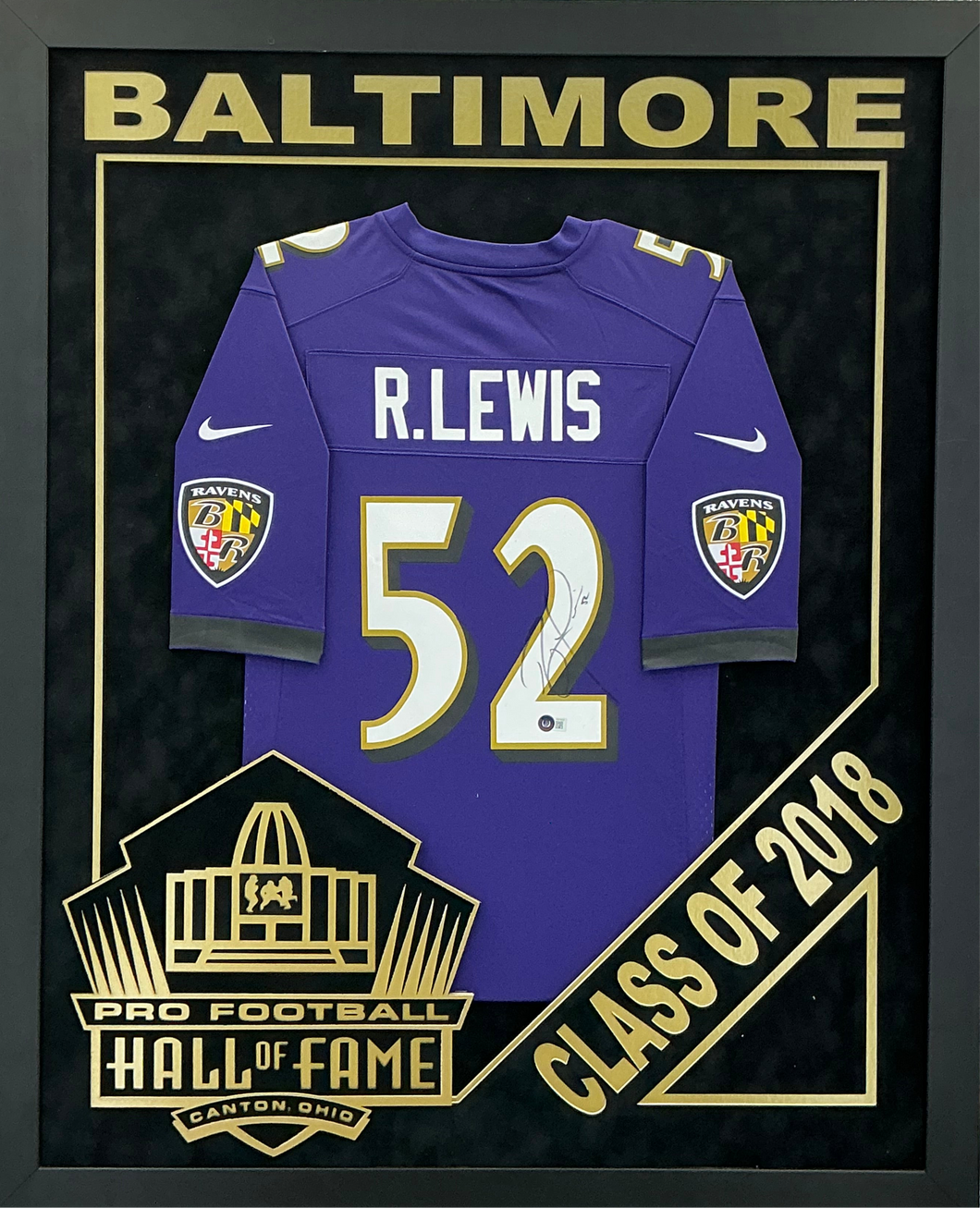 Ray Lewis - EXCLUSIVE PRO FOOTBALL HALL OF FAME FRAMING XL 3D LOGO WITH DOUBLE SUEDE BAS COA