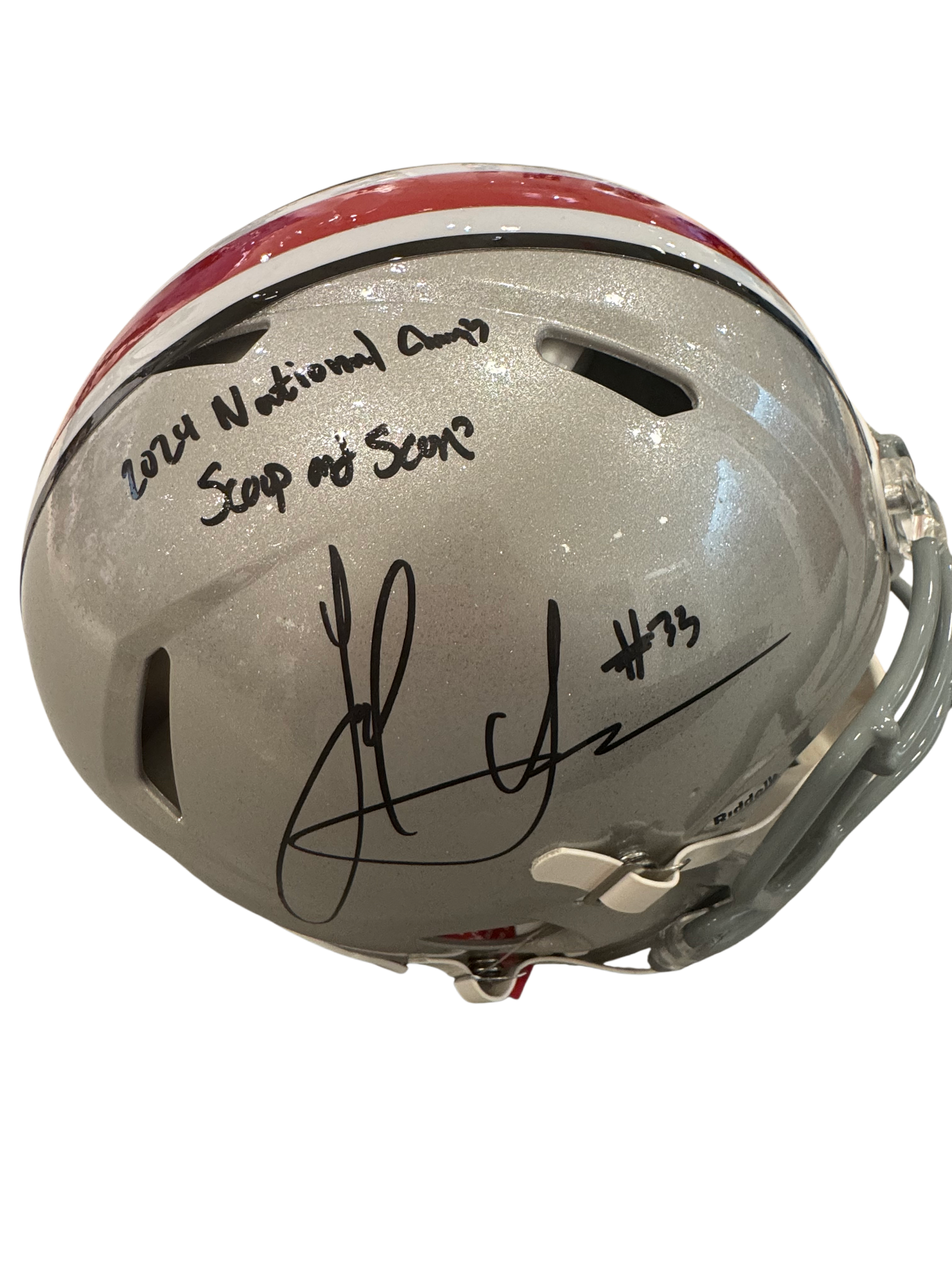 Ohio State Buckeyes Jack Sawyer Hand Signed Autographed Full Size Replica Helmet With “2024 National Champ Scoop and Score” Swau COA