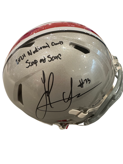 Ohio State Buckeyes Jack Sawyer Hand Signed Autographed Full Size Replica Helmet With “2024 National Champ Scoop and Score” Swau COA