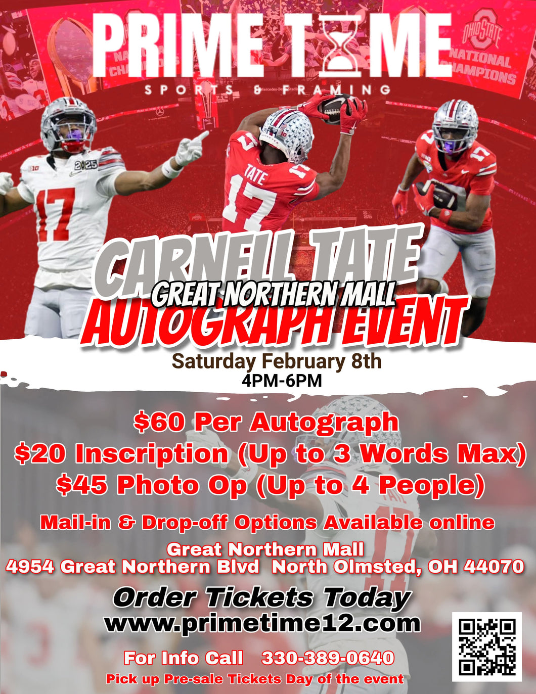 Carnell Tate The Ohio State Buckeyes National Champion WR 2/8/25 at Great Northern Mall Pre-Sale ticket for PHOTO OP to have your photo taken (up to 4 people at once) with the player