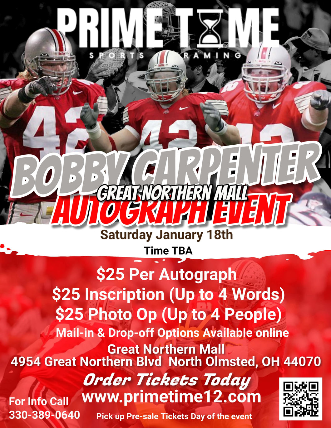 Bobby Carpenter 1/18/25 at Great Northern Mall Pre-Sale ticket for PHOTO OP to have your photo taken (up to 4 people at once) with the player