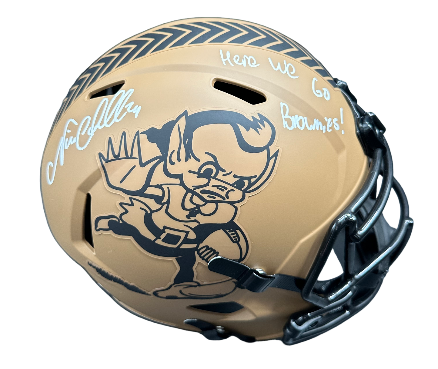 Cleveland Browns Nick Chubb Hand Signed Autographed Full Size Replica Salute to Service Brownie The Elf Logo With “Here We Go Brownies” Inscription Helmet with Beckett COA