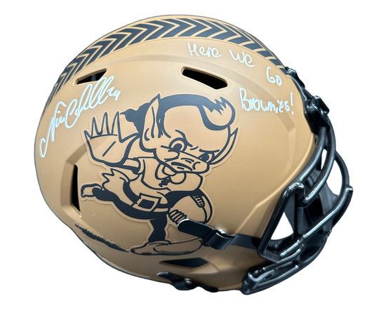 Cleveland Browns Nick Chubb Hand Signed Autographed Full Size Replica Salute to Service Brownie The Elf Logo With “Here We Go Brownies” Inscription Helmet with Beckett COA