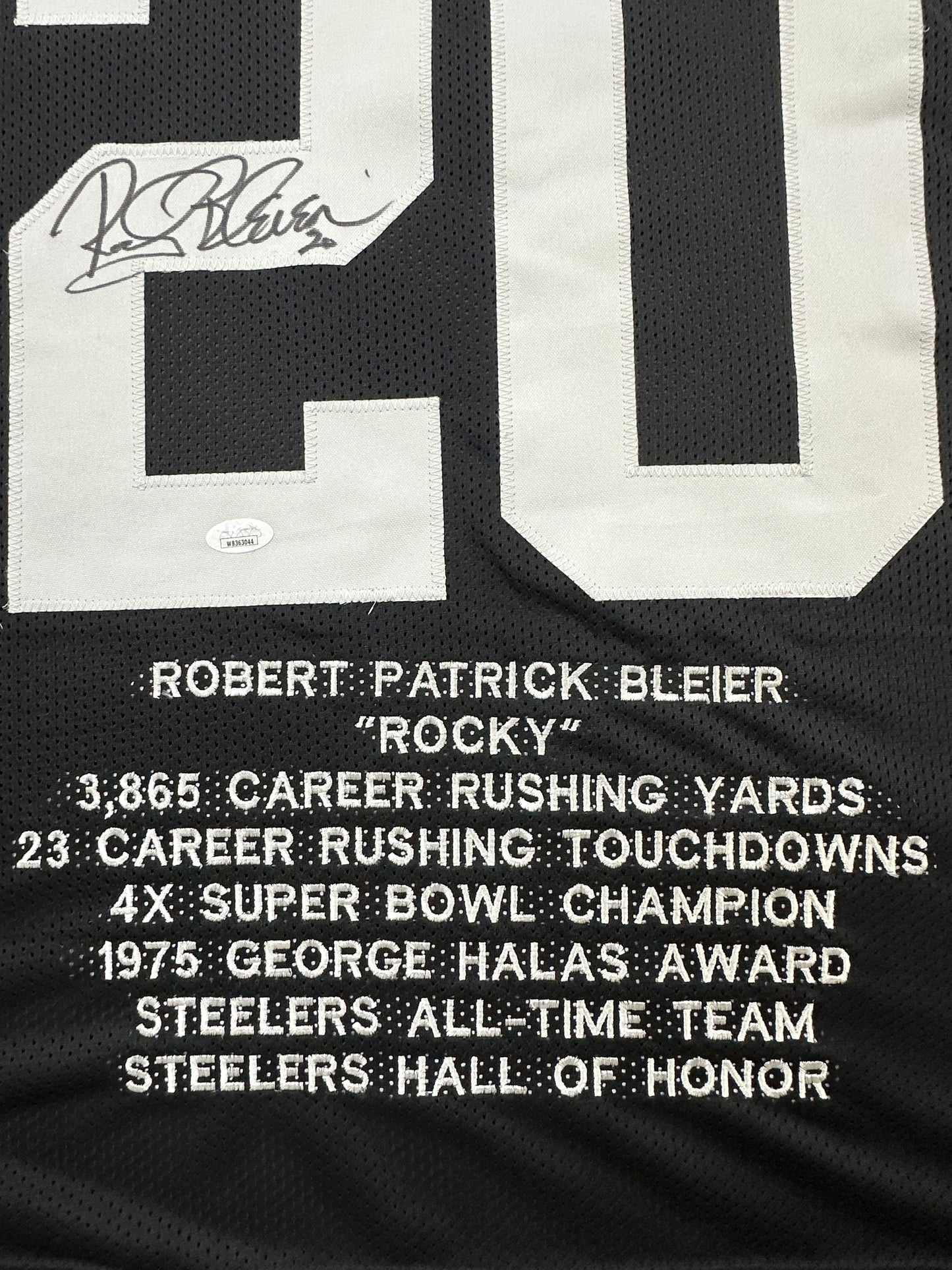 Pittsburgh Steelers Rocky Bleier Hand Signed Autographed Custom Stat Jersey JSA COA