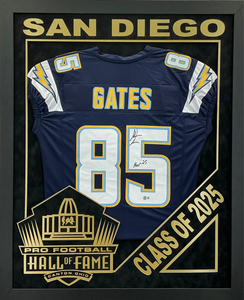Antonio Gates - EXCLUSIVE PRO FOOTBALL HALL OF FAME FRAMING XL 3D LOGO WITH DOUBLE SUEDE Beckett Coa