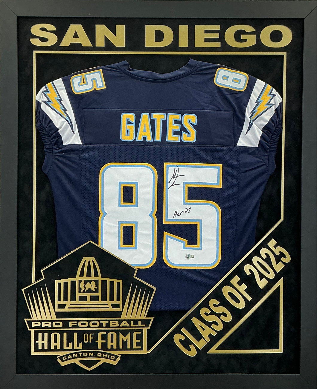 Antonio Gates - EXCLUSIVE PRO FOOTBALL HALL OF FAME FRAMING XL 3D LOGO WITH DOUBLE SUEDE Beckett Coa