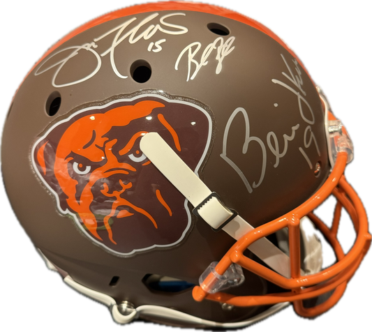 Cleveland Browns Bernie Kosar & Baker Mayfield Dual Hand Signed Autographed Custom Dawg Logo Full Size Authentic Helmet with JSA & BECKETT COA