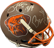 Load image into Gallery viewer, Cleveland Browns Bernie Kosar &amp; Baker Mayfield Dual Hand Signed Autographed Custom Dawg Logo Full Size Authentic Helmet with JSA &amp; BECKETT COA
