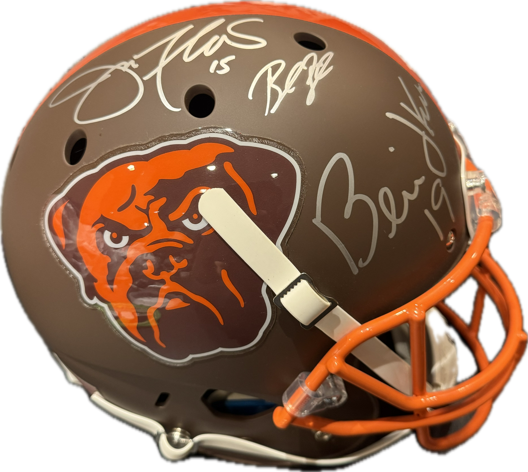 Cleveland Browns Bernie Kosar & Baker Mayfield Dual Hand Signed Autographed Custom Dawg Logo Full Size Authentic Helmet with JSA & BECKETT COA