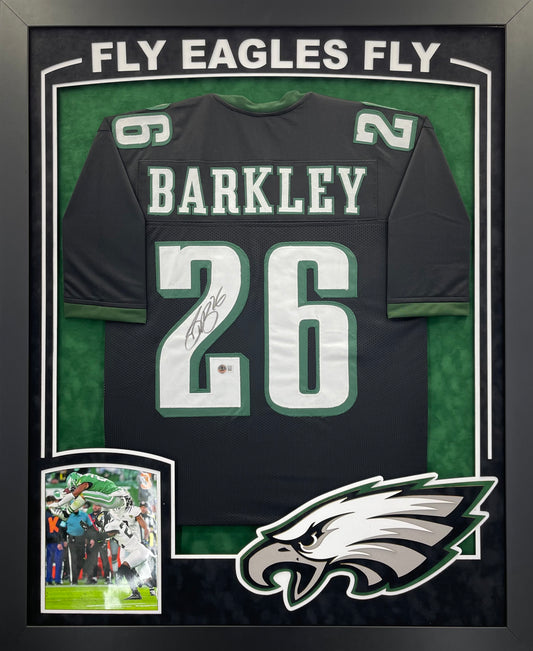 Philadelphia Eagles Saquan Barkley Hand Signed Autographed Custom Black Jersey Framed and Double Suede Matted with XL 3D Logo & Team Name Cutout Beckett COA