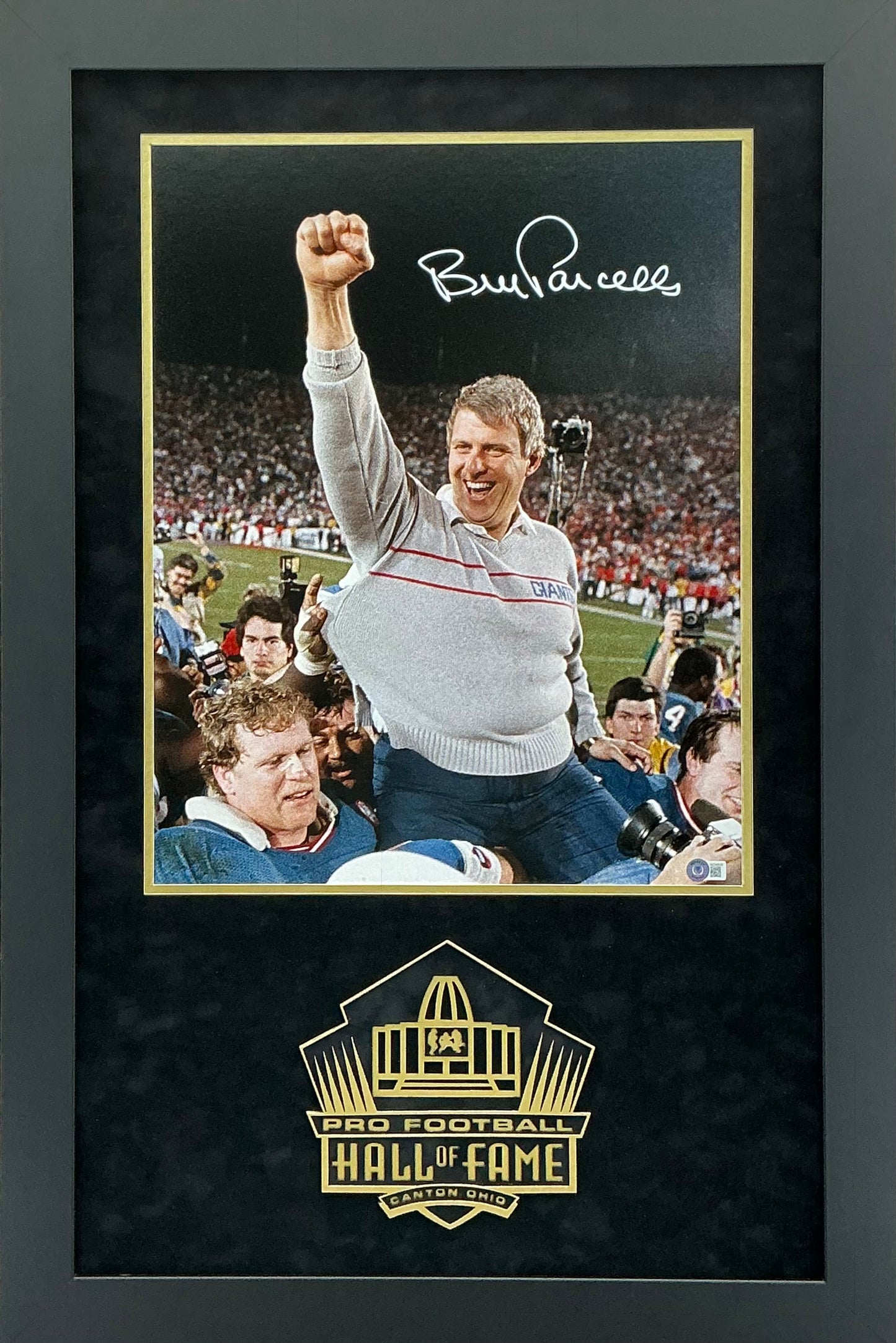 Bill Parcell - EXCLUSIVE PRO FOOTBALL HALL OF FAME PHOTO FRAMING 3D LOGO WITH DOUBLE SUEDE Beckett Coa