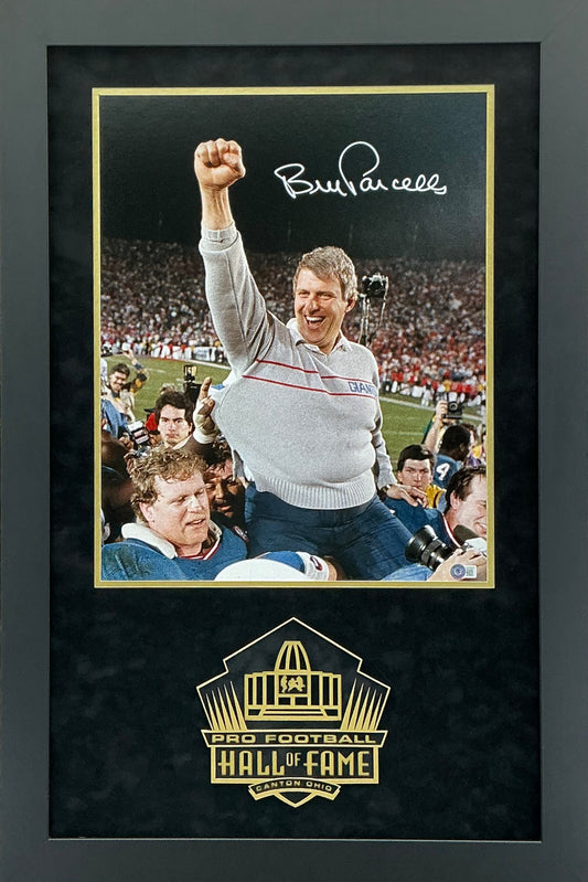 Bill Parcell - EXCLUSIVE PRO FOOTBALL HALL OF FAME PHOTO FRAMING 3D LOGO WITH DOUBLE SUEDE Beckett Coa