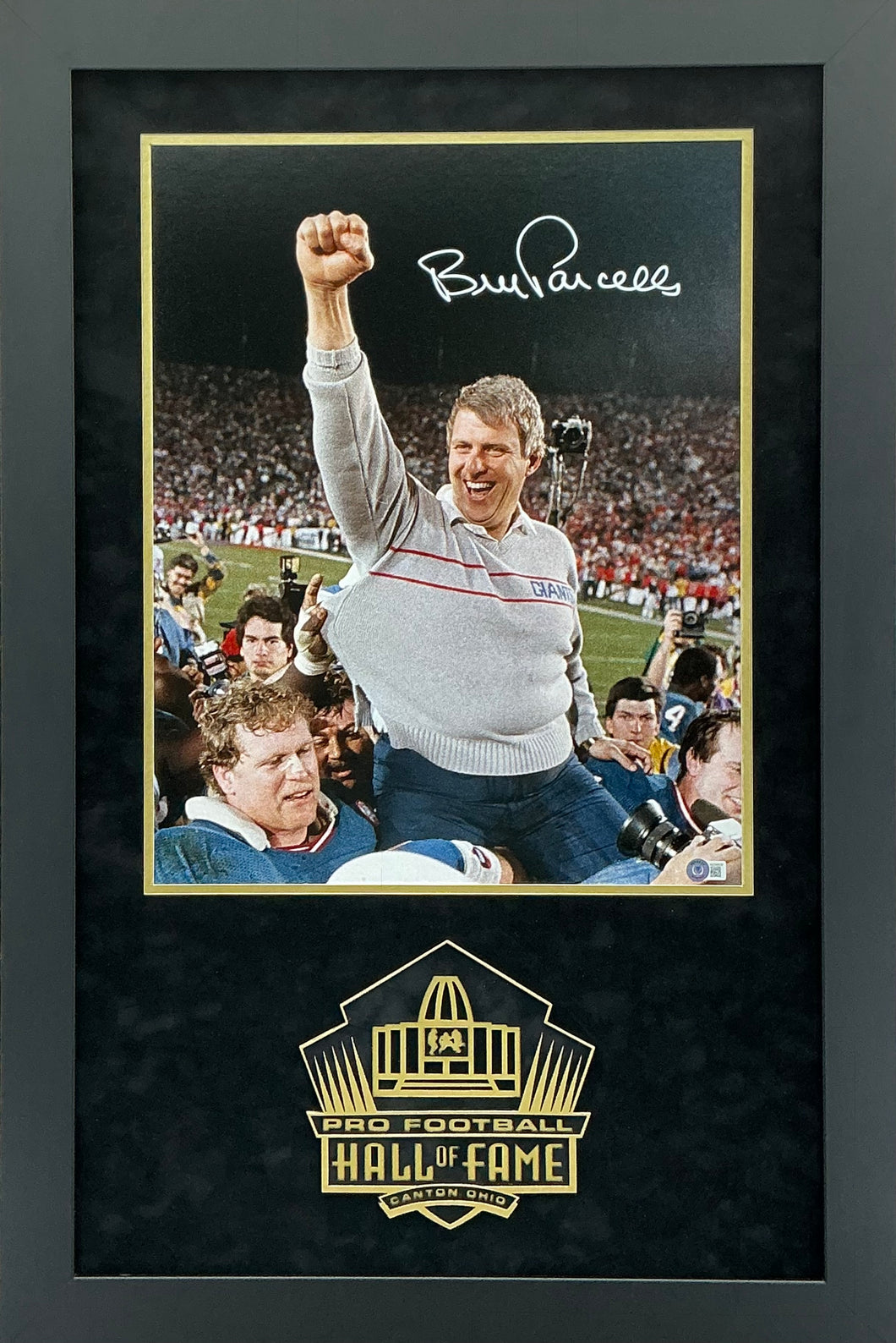 Bill Parcell - EXCLUSIVE PRO FOOTBALL HALL OF FAME PHOTO FRAMING 3D LOGO WITH DOUBLE SUEDE Beckett Coa