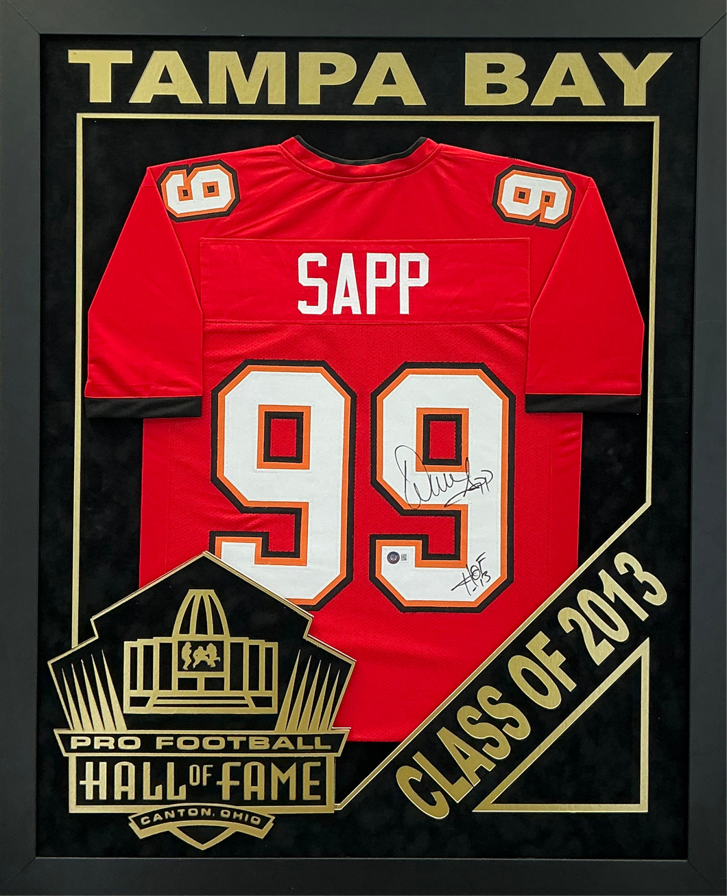 Warren Sapp - EXCLUSIVE PRO FOOTBALL HALL OF FAME FRAMING XL 3D LOGO WITH DOUBLE SUEDE Beckett Coa