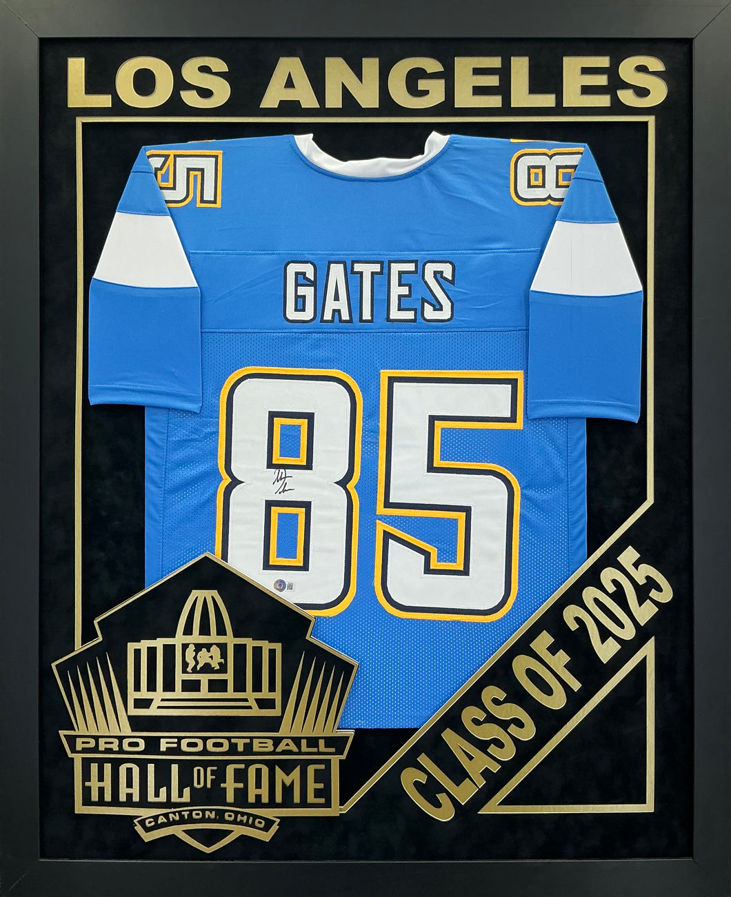 Antonio Gates EXCLUSIVE PRO FOOTBALL HALL OF FAME FRAMING XL 3D LOGO WITH DOUBLE SUEDE Beckett Coa