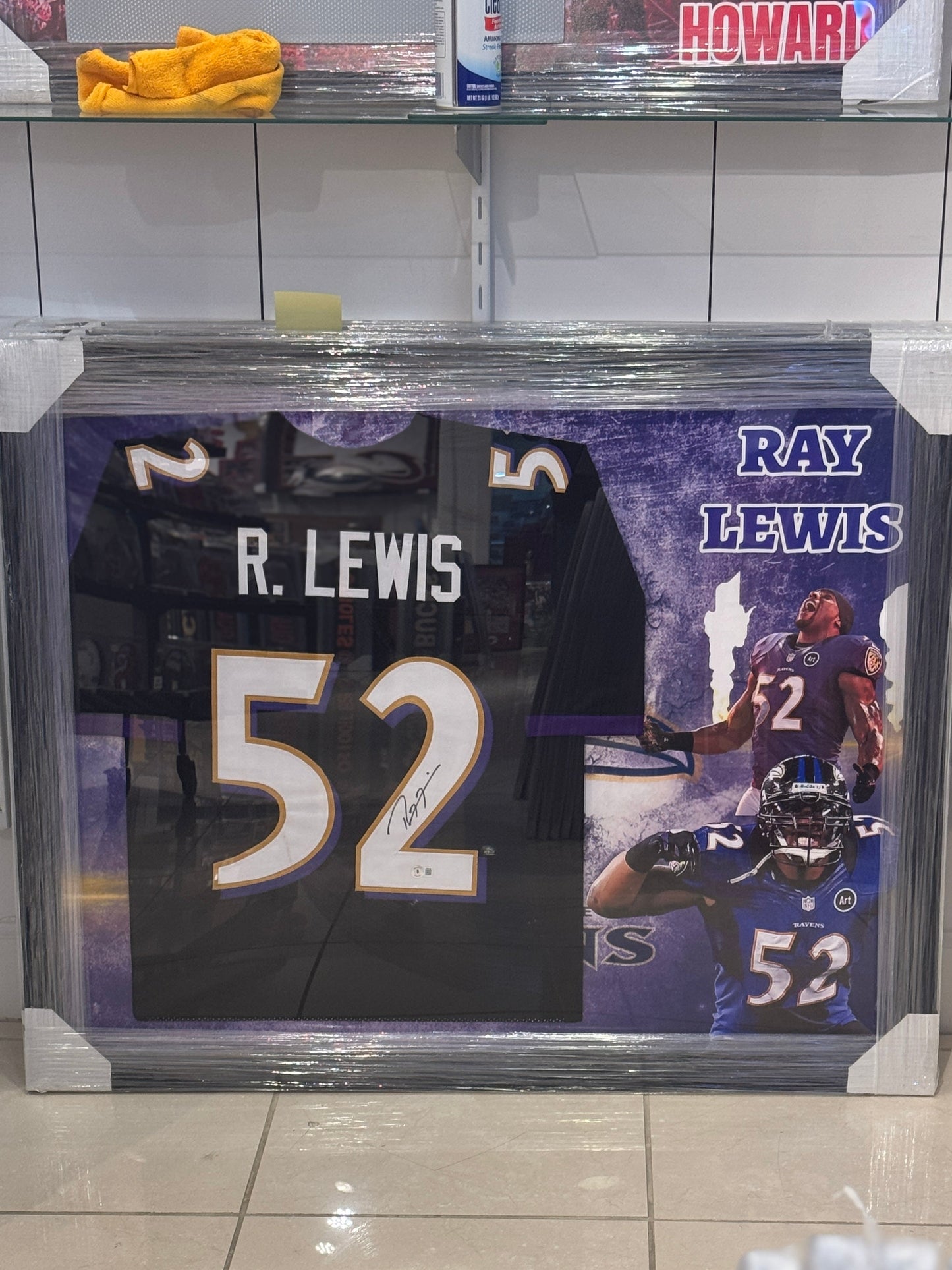 Baltimore Ravens Ray Lewis Hand Signed Autographed Custom Black Jersey Framed with Large Photo Print Background Includes Beckett COA