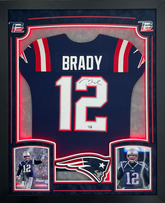New England Patriots Tom Brady Hand Signed Autographed Authentic Jersey Framed Double Suede Matted with 3D Logo & LED Lights COA